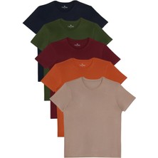 Unisex 5'li Paket Lacivert-Haki-Bordo-Tarçın-Vizon Slim Fit Dar Kesim %100 Pamuk Bisiklet Yaka Tişört