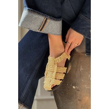 Nişantaşı Shoes Ramona Bej Hasır Örgü Arka Kemer Detay Düz Taban Kadın Sandalet