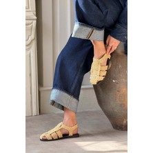 Nişantaşı Shoes Ramona Bej Hasır Örgü Arka Kemer Detay Düz Taban Kadın Sandalet