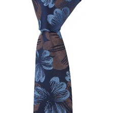 Esgue Dar Kesim Kahve - Mavi Çiçek Desenli Slim 6 Cm. Hand Made Kravat