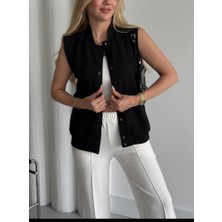 Qimya Butik Buketli Kadın Kapitone Çıt Çıtlı Yelekli Kontras Renk Pantolonlu Alt - Üst Ikili Takım