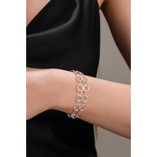 Gümüş Çift Iki Sıralı Yuvarlak Halkalı Oval Ataç Zincir Hallow Geniş Taşsız Bileklik