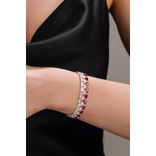 Gümüş Baget Kırmızı Lal Garnet ve Beyaz Zirkon Kübik Taşlı Iki Sıralı Rodyumlu Su Yolu Bileklik