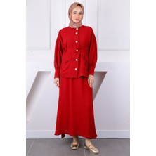 İmaj Butik Bordo Kol Büzgülü Ceket Etekli Takım