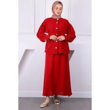 İmaj Butik Bordo Kol Büzgülü Ceket Etekli Takım