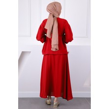İmaj Butik Bordo Kol Büzgülü Ceket Etekli Takım