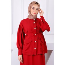 İmaj Butik Bordo Kol Büzgülü Ceket Etekli Takım