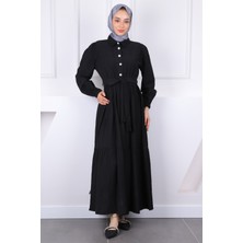 İmaj Butik Siyah Bel Lastikli Kuşaklı Modal Elbise