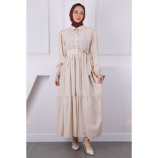 İmaj Butik Bej Bel Lastikli Kuşaklı Modal Elbise