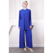 İmaj Butik Saks Mavi Piliseli Sandy Tunik Pantolon Takım