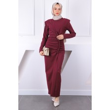İmaj Butik Bordo Ön Büzgülü Vatkalı Elbise