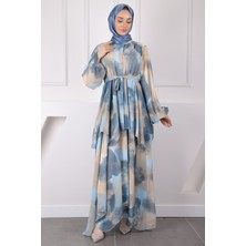 İmaj Butik Mavi Bel Kuşaklı Şifon Elbise
