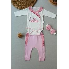 Narnuga Miraylife 3-6 6-9 9-12 Ay Hello Nakışlı Kruvaze Bandanalı Uzun Kollu Zıbınlı 3lü Kız Bebek Takımı