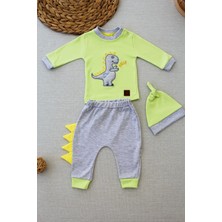 Narnuga Miraylife 3-6 6-9 9-12 Ay Minik Dino Nakışlı Şapkalı Uzun Kollu Sweat 3lü Kız-Erkek Bebek Takımı