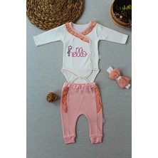 Narnuga Miraylife 3-6 6-9 9-12 Ay Hello Nakışlı Kruvaze Bandanalı Uzun Kollu Zıbınlı 3lü Kız Bebek Takımı
