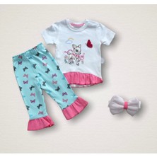 Narnuga Miraylife 6-9 9-12 12-18 Ay Ceylanın Rüyası Baskılı Bandanalı Kısa Kollu Sweat 3lü Kız Bebek Takımı