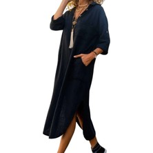 Yıkamalı Keten Yarım Patlı Cepli Elbise