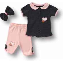 Narnuga Miraylife 3-6 6-9 9-12 12-18 Ay Uzayın Kalbi Nakışlı Bandanalı Kısa Kollu Sweat 3lü Kız Bebek Takımı