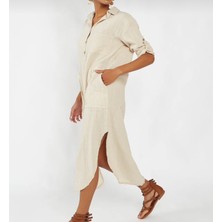 Yıkamalı Keten Yarım Patlı Cepli Elbise