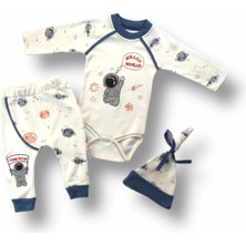 Narnuga Miraylife 3-6 6-9 9-12 Ay Şirin Kozmonot Nakışlı Şapkalı Uzun Kollu Zıbınlı 3lü Kız-Erkek Bebek Takımı