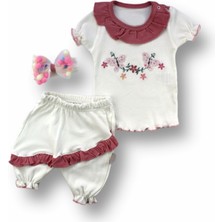 Narnuga Miraylife 6-9 9-12 12-18 Ay Çiçek Nakışlı Roman Şalvar Bandanalı Kısa Kollu Sweat 3lü Kız Bebek Takımı