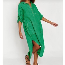 Yıkamalı Keten Yarım Patlı Cepli Elbise