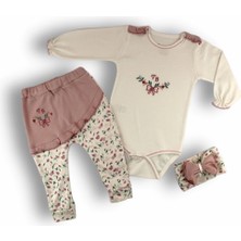 Narnuga Miraylife 3-6 6-9 9-12 Ay Tb Çiçek Nakışlı Bandanalı Uzun Kollu Zıbınlı 3lü Kız Bebek Takımı