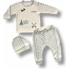 Narnuga Miraylife 3-6 6-9 9-12 Ay My Camping Nakışlı Şapkalı Uzun Kollu Sweatli 3lü Erkek Bebek Takımı