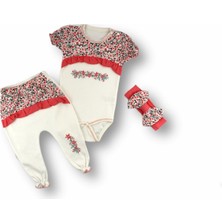 Narnuga Miraylife 3-6 6-9 9-12 Ay Mimoza Baskılı Bandanalı Kısa Kollu Zıbınlı 3lü Kız Bebek Takımı