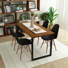 Desk Masif Ahşap Teak Renk Sandalyeli Siyah Metal Ayaklı Yemek Masası Takımı