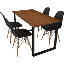 Desk Masif Ahşap Teak Renk Sandalyeli Siyah Metal Ayaklı Yemek Masası Takımı