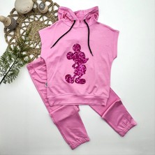 Narnuga Miraylife 3-4-5 Yaş Kapşonlu Payetli Mickey Desenli Kısa Kol 2li Kız Erkek Çocuk Takımı