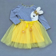 Miraylife 5-6-7 Yaş Pelüş Tavşan Desenli Kurdela Kuşaklı Astarlı Kız Çocuk Tütü Elbise