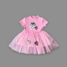Miraylife 1-2-3 Yaş Payetli Çilek Baskılı Çilek Kuşaklı Kız Bebek Elbisesi