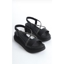 Bulutmod BA04577 Siyah Kadın Çapraz Taş Yumuşak Tabanlı 5 cm Sandalet - 36