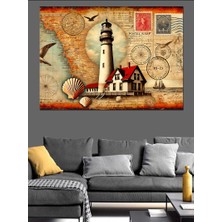 Deniz Feneri ve Harita Ruhu Dekoratif Kanvas - Mdf Ahşap Tablo