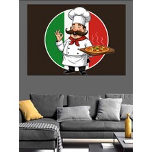 Italyan Şef ve Pizza Çizimi Dekoratif Kanvas - Mdf Ahşap Tablo