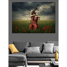 Çello ve Gelincik Çiçekleri Dekoratif Kanvas - Mdf Ahşap Tablo