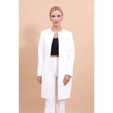 Sıfır Yaka Düz Uzun Ceket-Beyaz