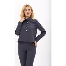 Oval Dik Yaka Kısa Ceket-Füme
