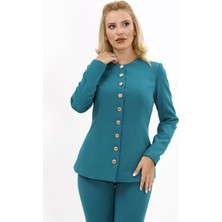 Sıfır Yaka Boydan Düğmeli Ceket-Petrol