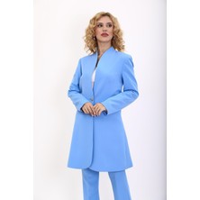 Kendinden Dik Yakalı Tek Düğmeli Uzun Ceket-Gökyüzü