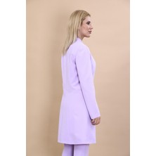 Kendinden Dik Yakalı Tek Düğmeli Uzun Ceket-Menekşe