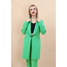 Şal Yaka Cepli Uzun Ceket-Yeşil