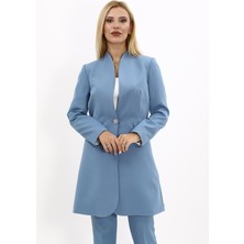 Kendinden Dik Yakalı Tek Düğmeli Uzun Ceket-Deniz