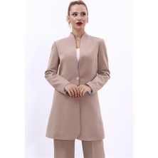 Kendinden Dik Yakalı Tek Düğmeli Uzun Ceket-Taş