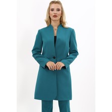 Kendinden Dik Yakalı Tek Düğmeli Uzun Ceket-Petrol