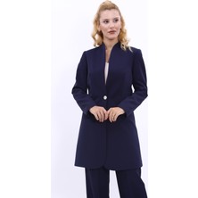 Kendinden Dik Yakalı Tek Düğmeli Uzun Ceket-Lacivert