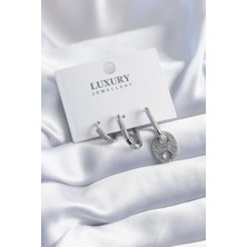 Pirinç Gümüş Renk Zirkon Taşlı 3'lü Kadın Küpe Seti