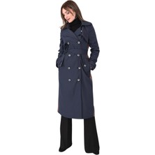 Önder Özsoy Bondit Deri Detaylı Trenç Kap - Lacivert